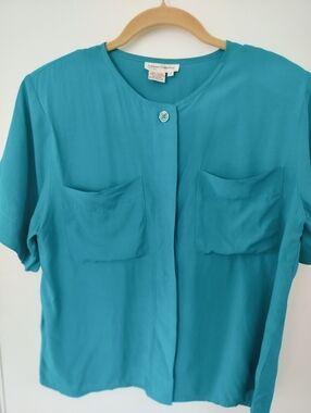 Vintage Potomac Collection Petites Size 8 Teal Green 100% Rayon Blouse